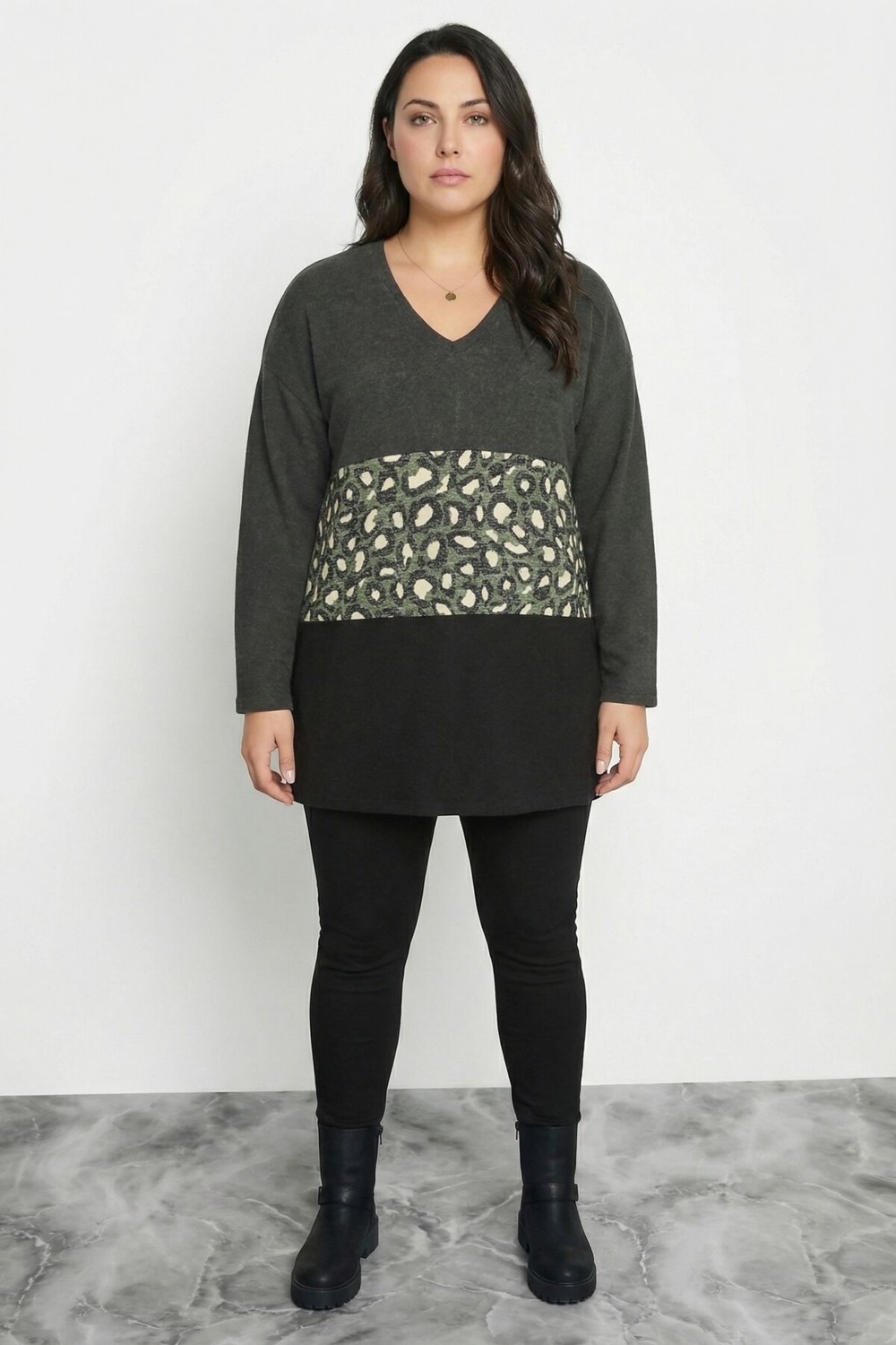 Stil Diva Büyük Beden Renk Bloklu Leopar Desenli Yumoş Kazak 303863 görsel 4