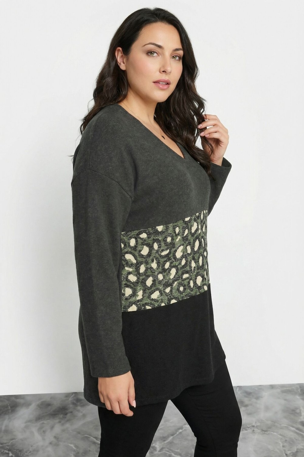 Stil Diva Büyük Beden Renk Bloklu Leopar Desenli Yumoş Kazak 303863 görsel 5