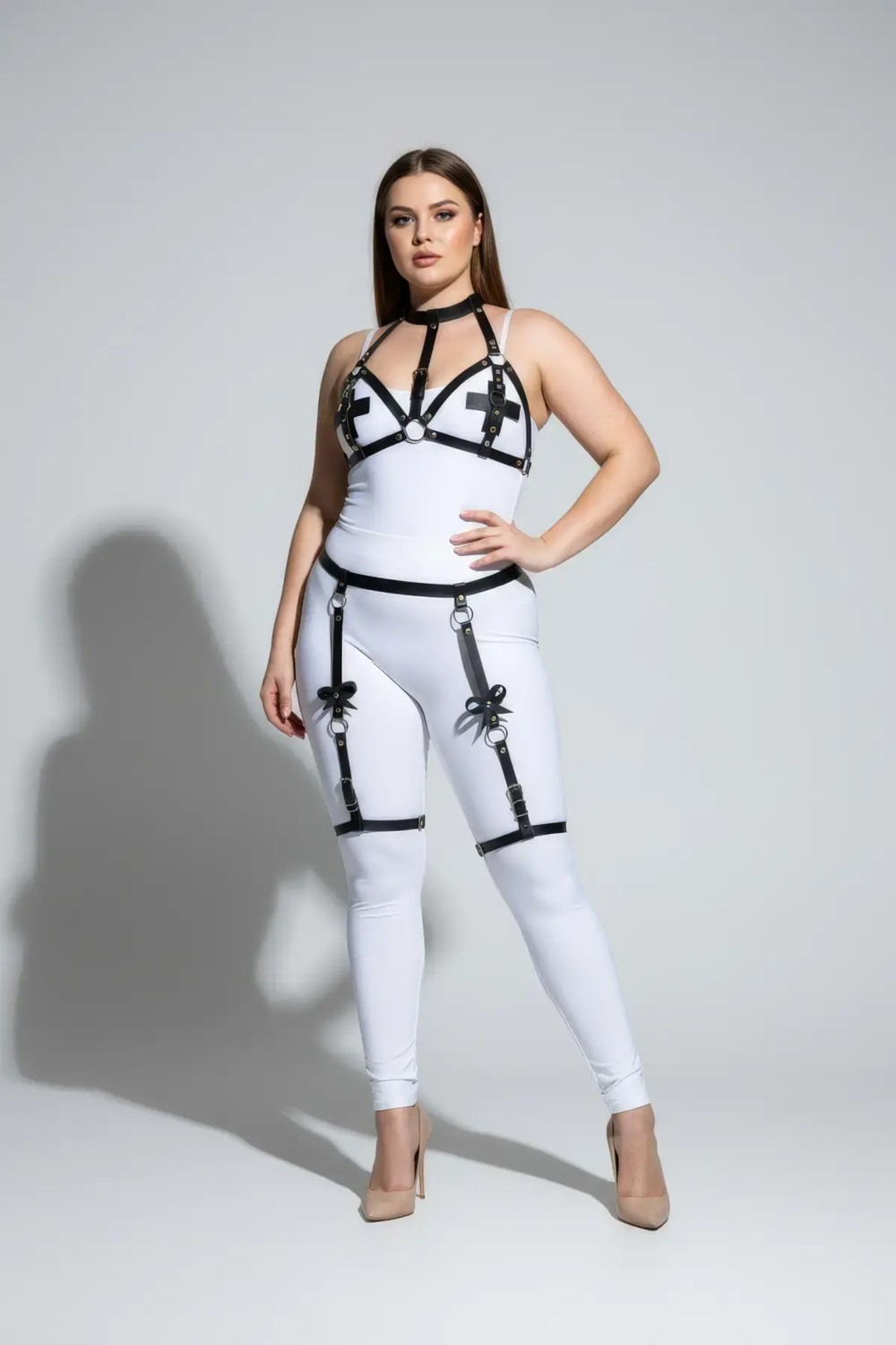Motto10 Butik Büyük Beden Siyah Kadın Deri Jartiyer Harness Büstiyer Detaylı Fantazi Takım - APFT310 görsel 6