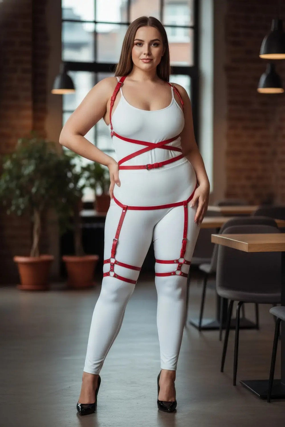 Motto10 Butik Büyük Beden Kırmızı Kadın Jartiyer Harness Deri Fantazi Vücut Takımı - APFT274 görsel 5