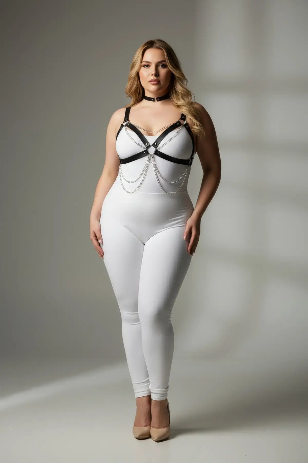 Motto10 Butik Büyük Beden Siyah Kadın Harness Takım Zincir Detaylı Deri Vücut Aksesuarı - APFT952