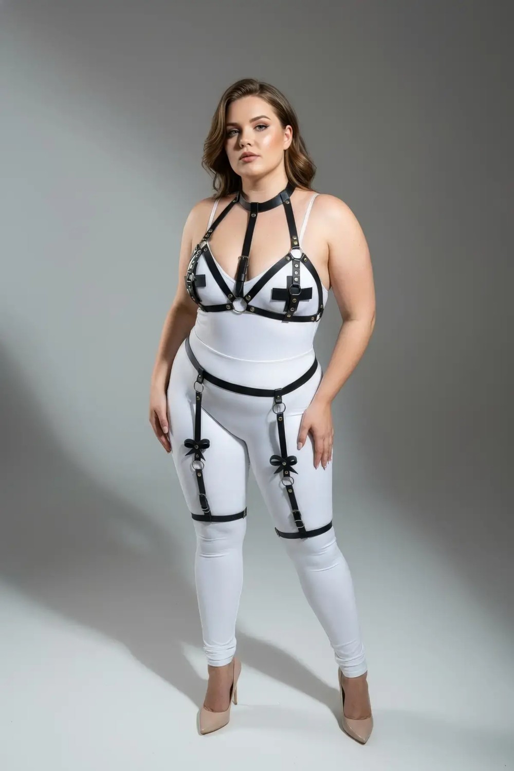 Motto10 Butik Büyük Beden Siyah Kadın Deri Jartiyer Harness Büstiyer Detaylı Fantazi Takım - APFT310 görsel 8
