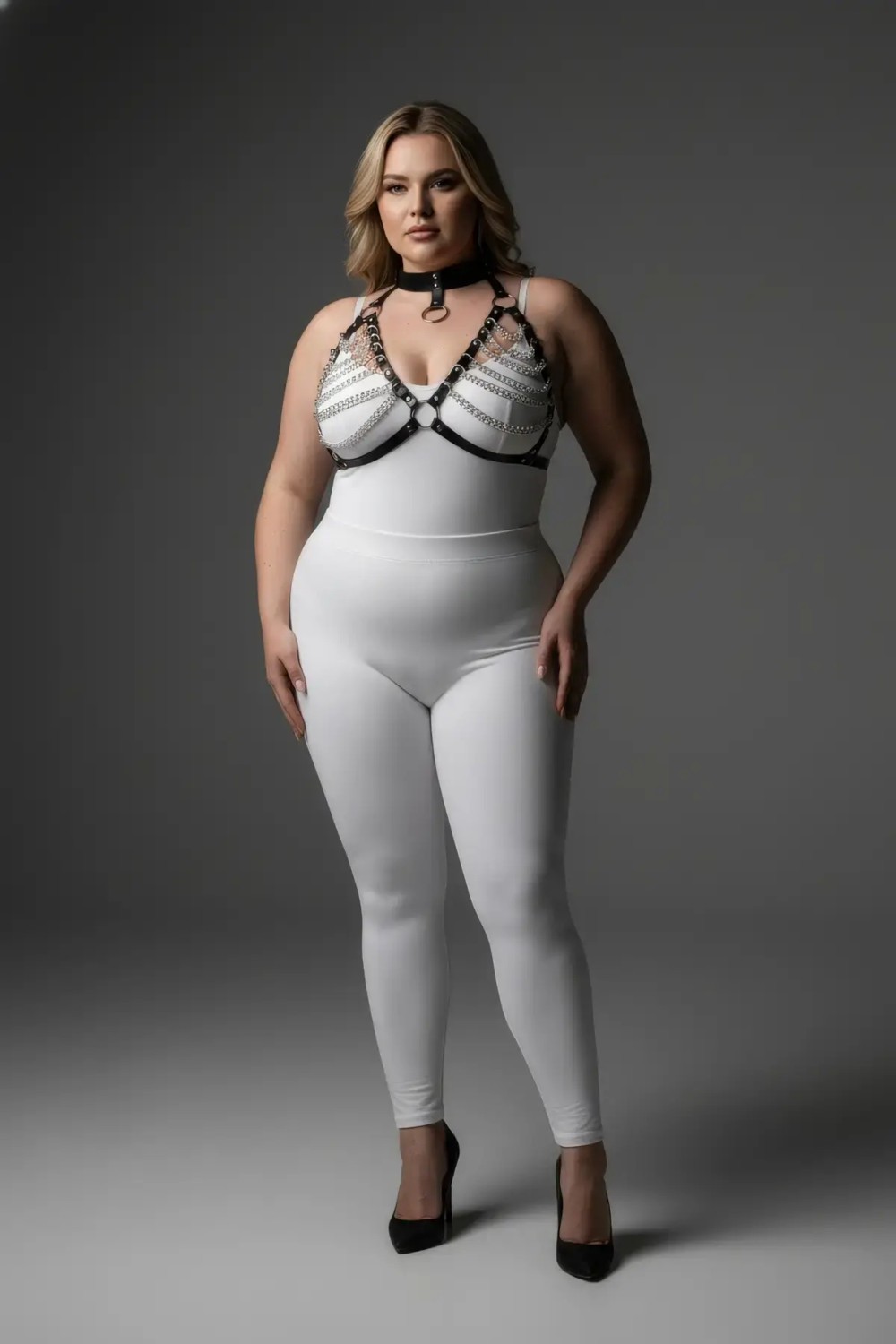 Motto10 Butik Büyük Beden Siyah Kadın Harness Takım Zincir Detaylı Deri Body Aksesuarı - APFT945 görsel 2