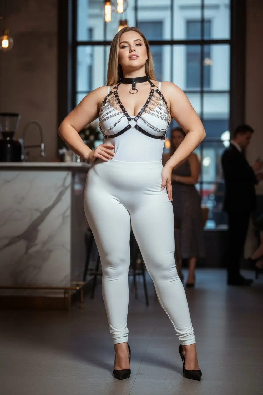 Motto10 Butik Büyük Beden Siyah Kadın Harness Takım Zincir Detaylı Deri Body Aksesuarı - APFT945 görsel 5
