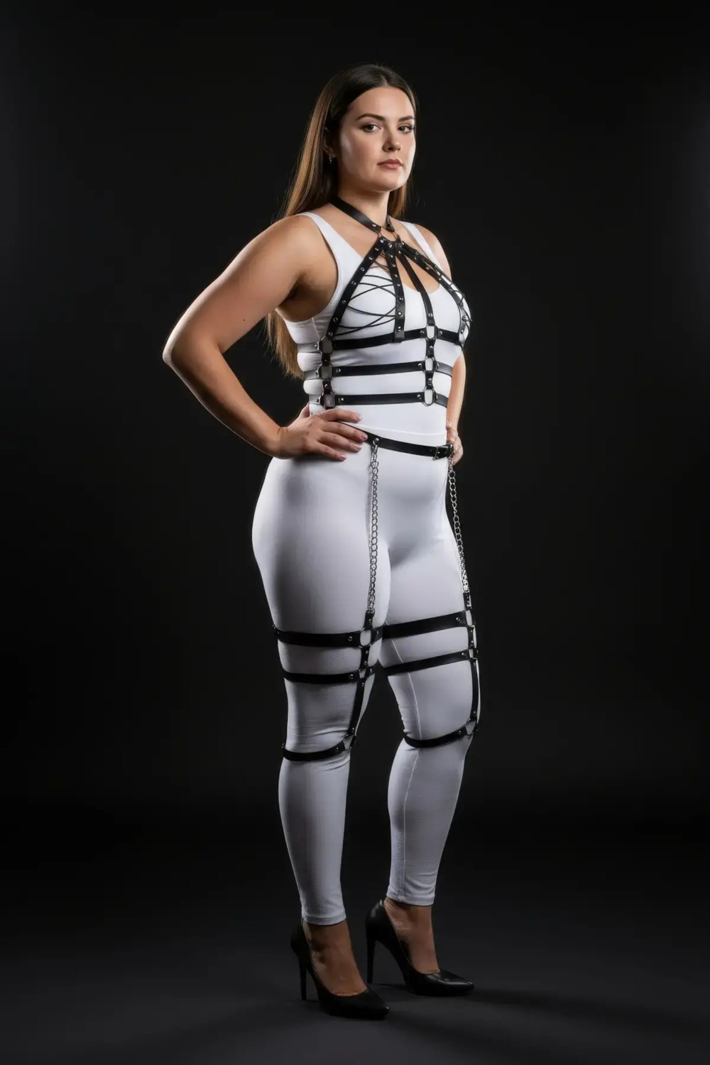 Motto10 Butik HDY MOTTO10 Butik Büyük Beden Siyah Kadın Harness Takım Zincir Detaylı Full Body Deri Aksesuar - APFT698 görsel 3