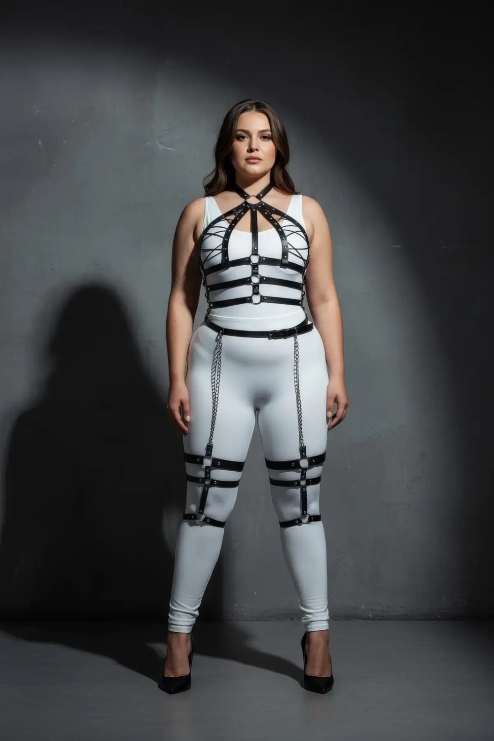 Motto10 Butik HDY MOTTO10 Butik Büyük Beden Siyah Kadın Harness Takım Zincir Detaylı Full Body Deri Aksesuar - APFT698 görsel 4