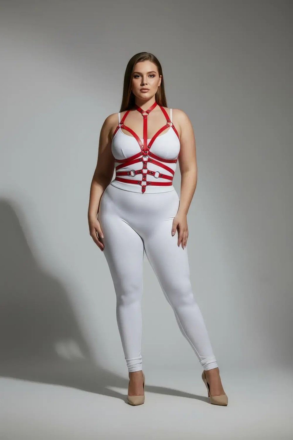 Motto10 Butik Büyük Beden Kırmızı Kadın Harness Takım Tam Vücut Ayarlanabilir Deri Aksesuarı - APFT24