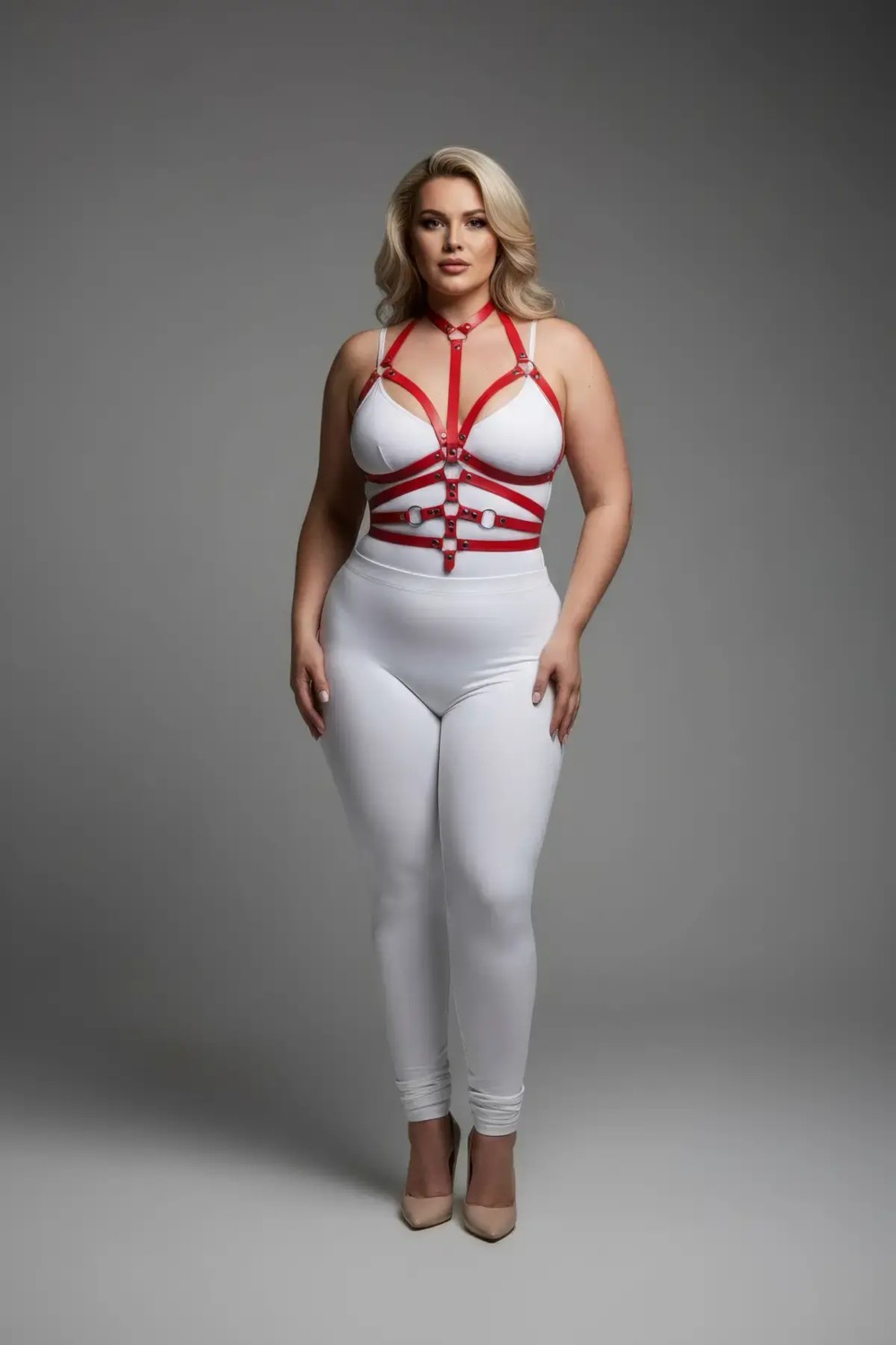 Motto10 Butik Büyük Beden Kırmızı Kadın Harness Takım Tam Vücut Ayarlanabilir Deri Aksesuarı - APFT24 görsel 2