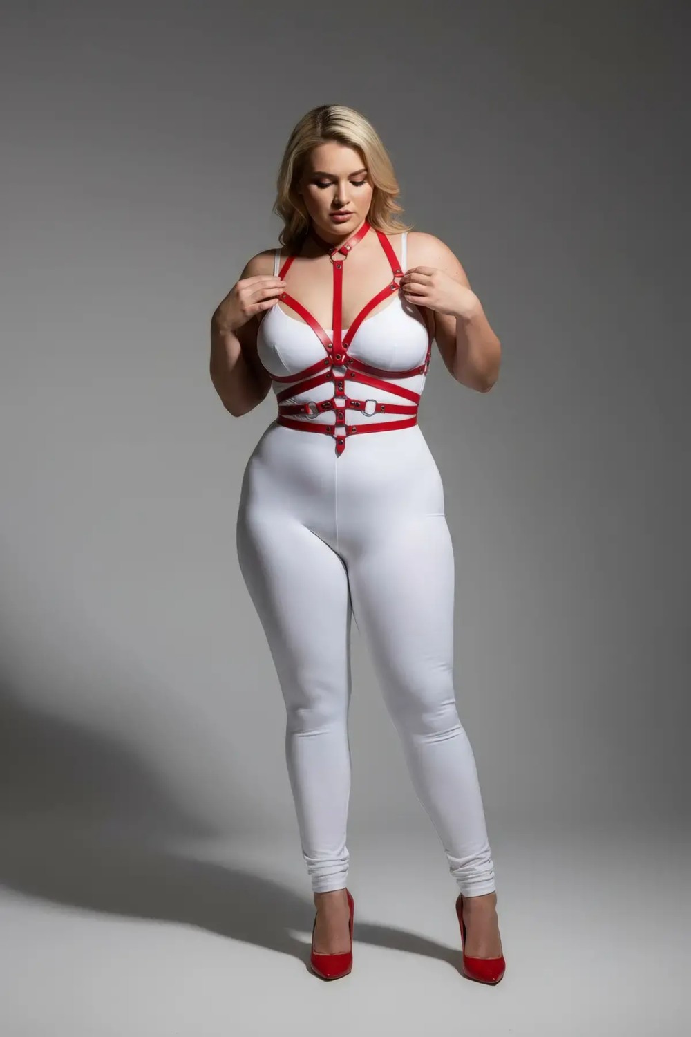 Motto10 Butik Büyük Beden Kırmızı Kadın Harness Takım Tam Vücut Ayarlanabilir Deri Aksesuarı - APFT24 görsel 4