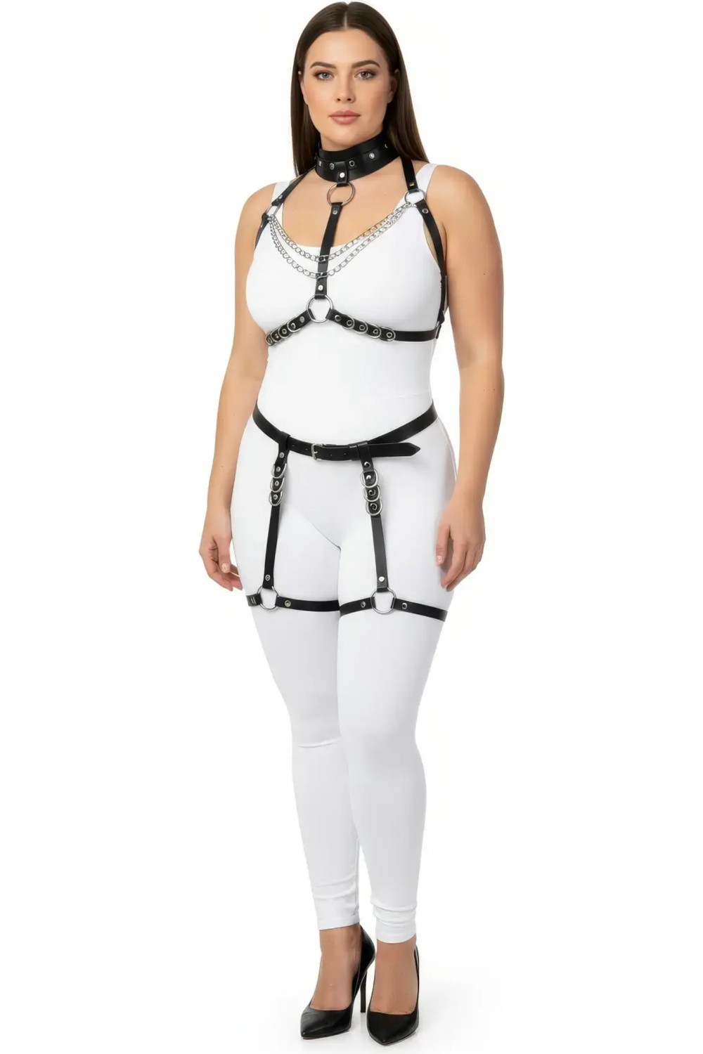 Motto10 Butik HDY MOTTO10 Butik Büyük Beden Siyah Kadın Deri Harness Takım Zincir ve Halka Detaylı Jartiyerli - APFT1081 görsel 6