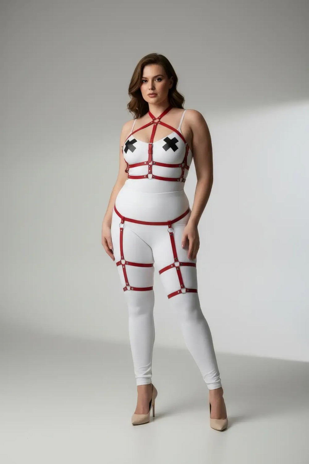 Motto10 Butik Büyük Beden Kırmızı Kadın Jartiyer Harness Deri Vücut Aksesuarı Kombini - APFT272 görsel 5