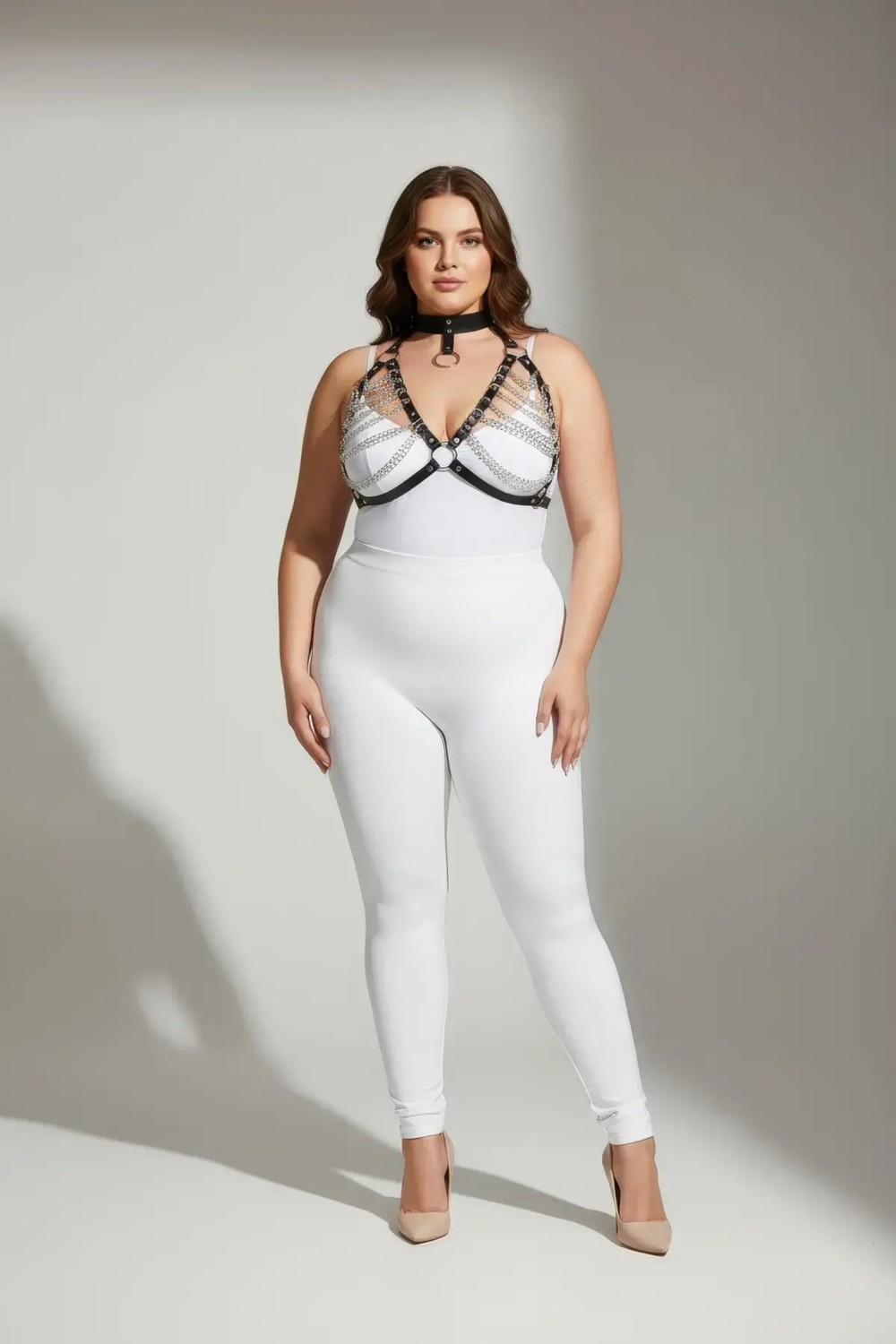 Motto10 Butik Büyük Beden Siyah Kadın Harness Takım Zincir Detaylı Deri Body Aksesuarı - APFT945 görsel 6