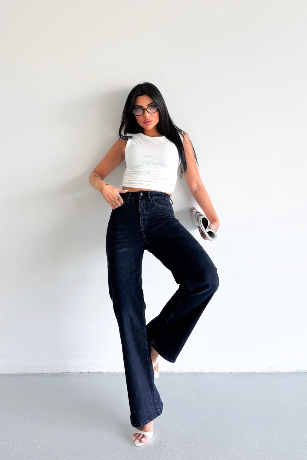Hlt Jeans Blue Black Kadın Wide Leg Jean Yüksek Bel Palazzo Likralı Esnek Kot Pantolon JESSİCA-2041 görsel 6