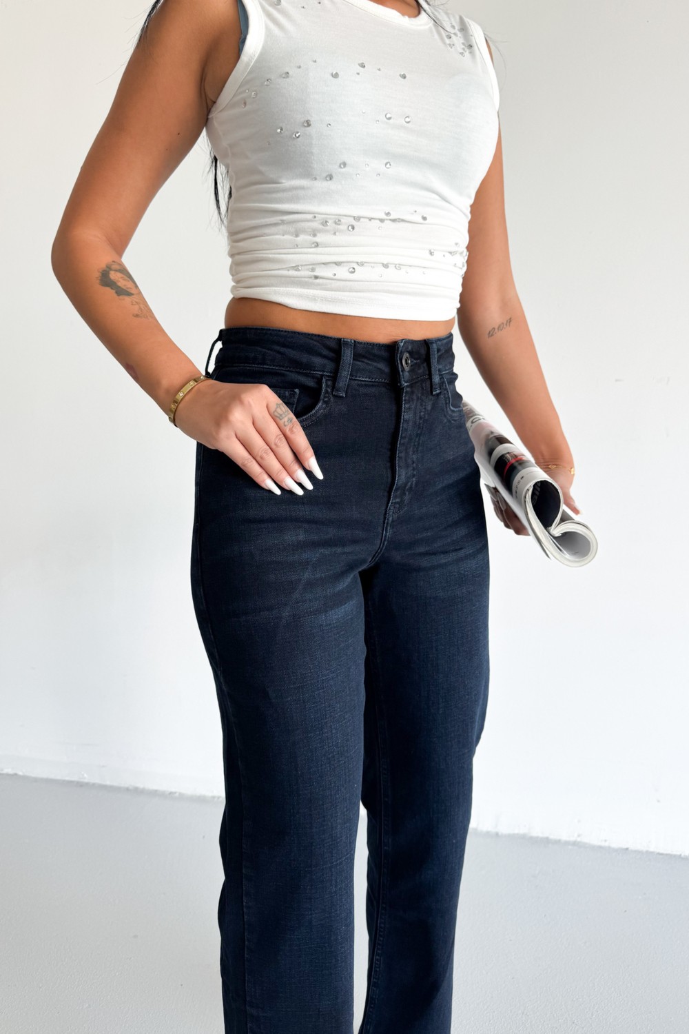 Hlt Jeans Blue Black Kadın Wide Leg Jean Yüksek Bel Palazzo Likralı Esnek Kot Pantolon JESSİCA-2041 görsel 7