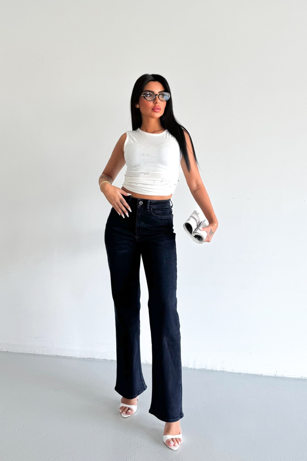 Hlt Jeans Blue Black Kadın Wide Leg Jean Yüksek Bel Palazzo Likralı Esnek Kot Pantolon JESSİCA-2041 görsel 8