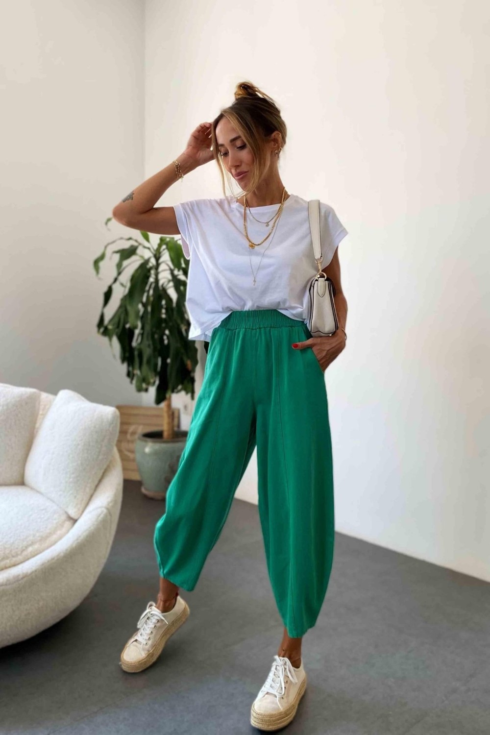 Nana & Mayka Moda Die&More Kadın Haki Şalvar Pantolon Salaş Dört Mevsim Rahat Pamuk Lastikli Bel Günlük Model Gabardin