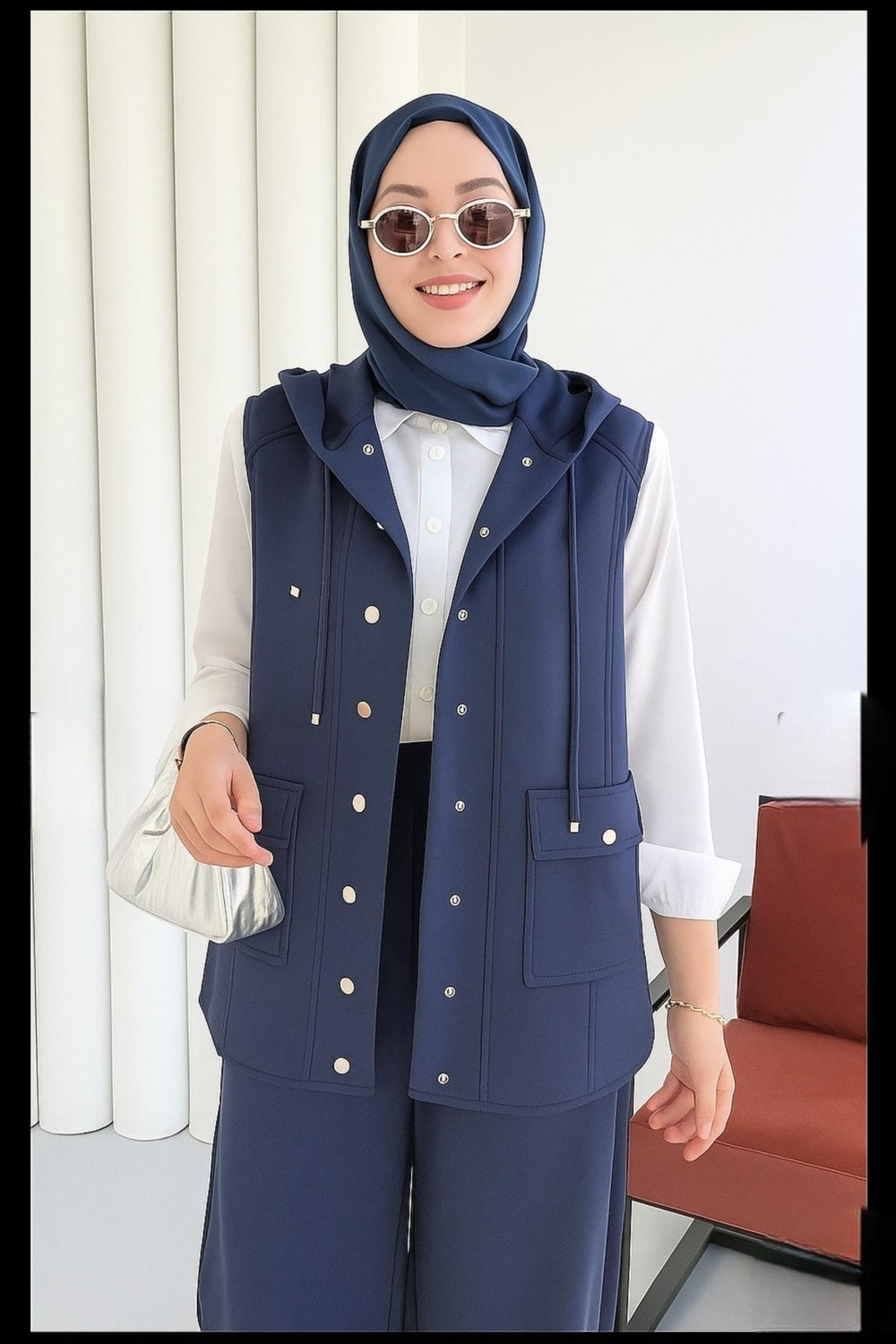 Moda Paketi Kapüşon Detaylı Düğmeli Scuba Yelek Oversize Kalıp - Lacivert