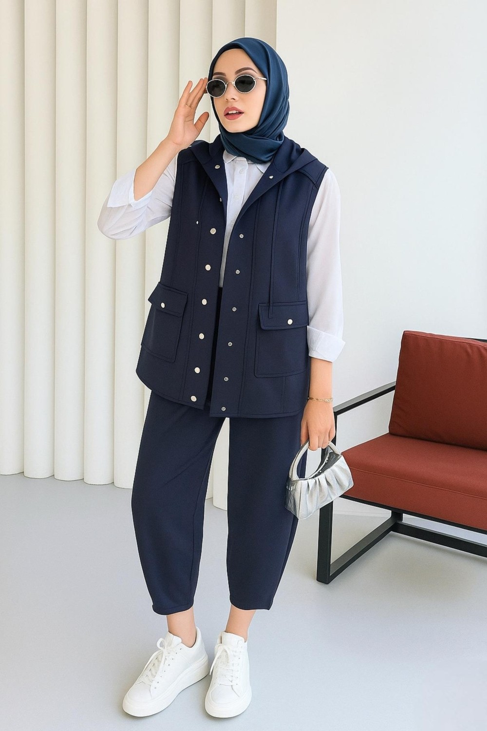 Moda Paketi Kapüşon Detaylı Düğmeli Scuba Yelek Oversize Kalıp - Lacivert görsel 2