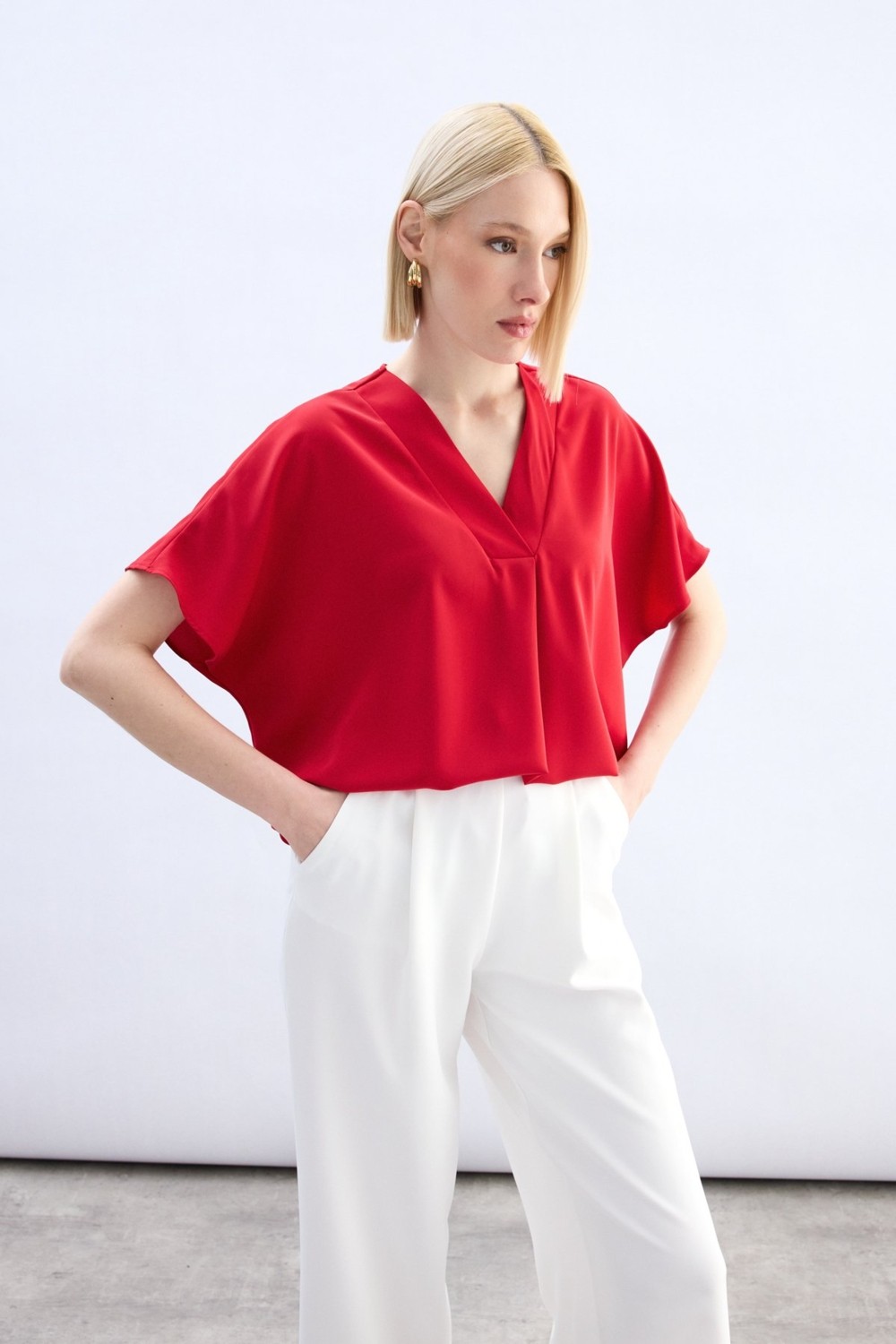 Sateen Geniş Kısa Kollu Bluz - Pudra