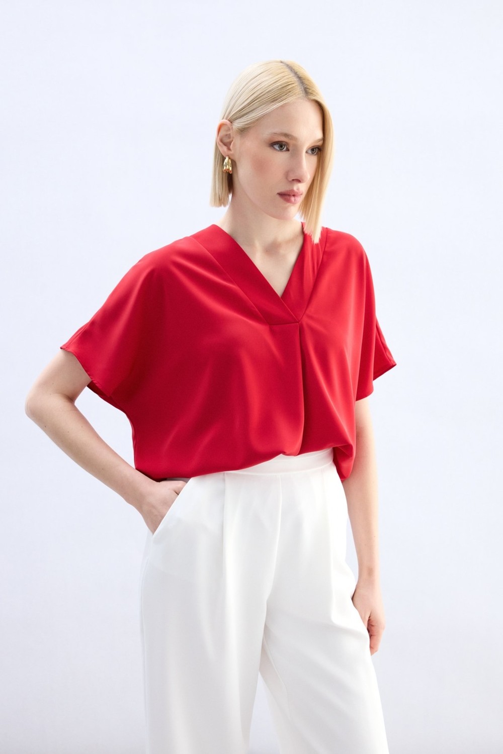 Sateen Geniş Kısa Kollu Bluz - Pudra görsel 3
