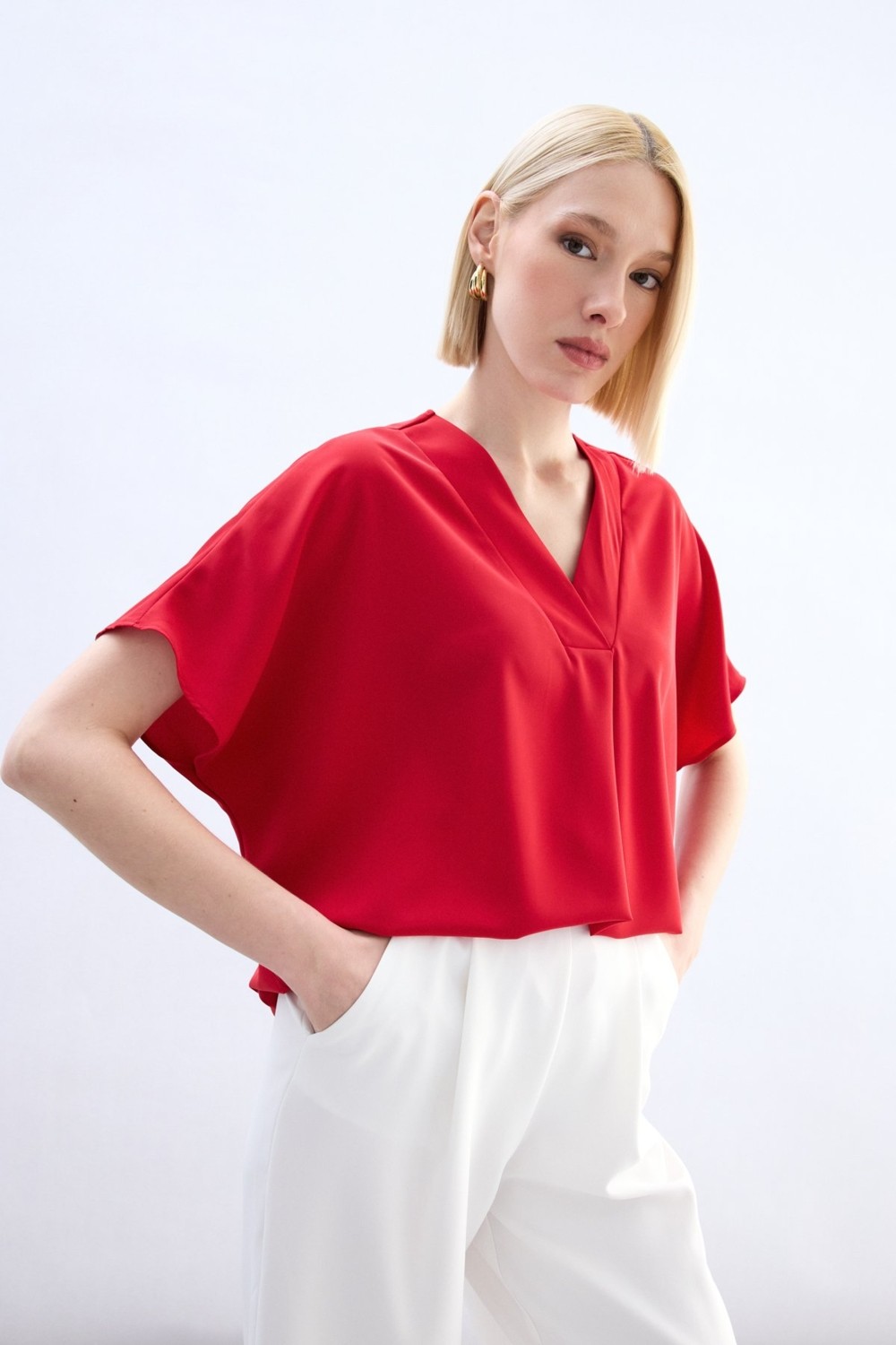 Sateen Geniş Kısa Kollu Bluz - Pudra görsel 4