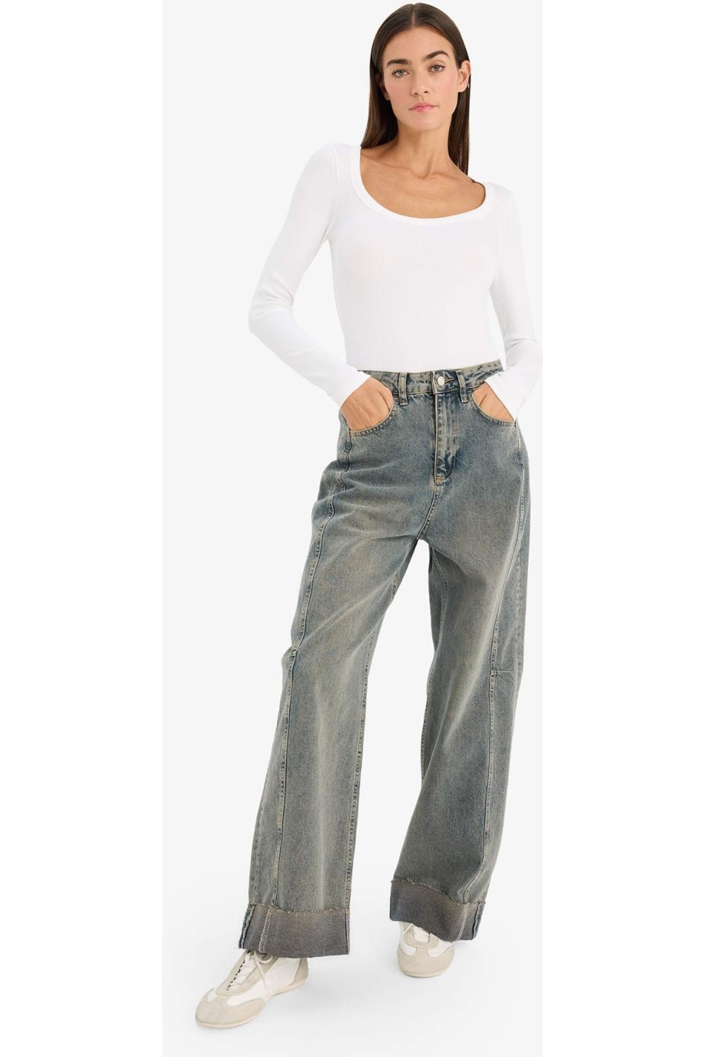 DeFacto Slim Fit Yuvarlak Yaka Basic Düz Fitilli Kaşkorse Uzun Kollu Tişört G8479AX26SP görsel 6