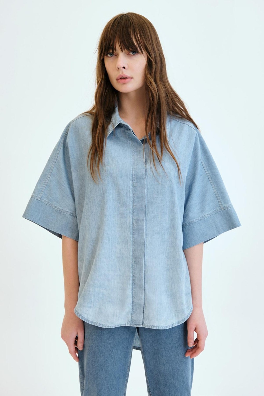 Denim Trip Oversize Fit Piliseli Roba Vintage Açık İndigo Kadın Jean Gömlek görsel 6