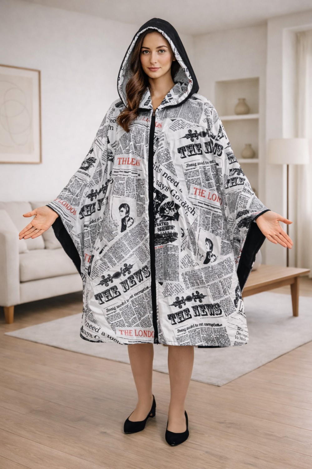 Alpin Premium Çift Taraflı Kapüşonlu Panço, Gazete Desenli & Düz Siyah, Oversize görsel 2