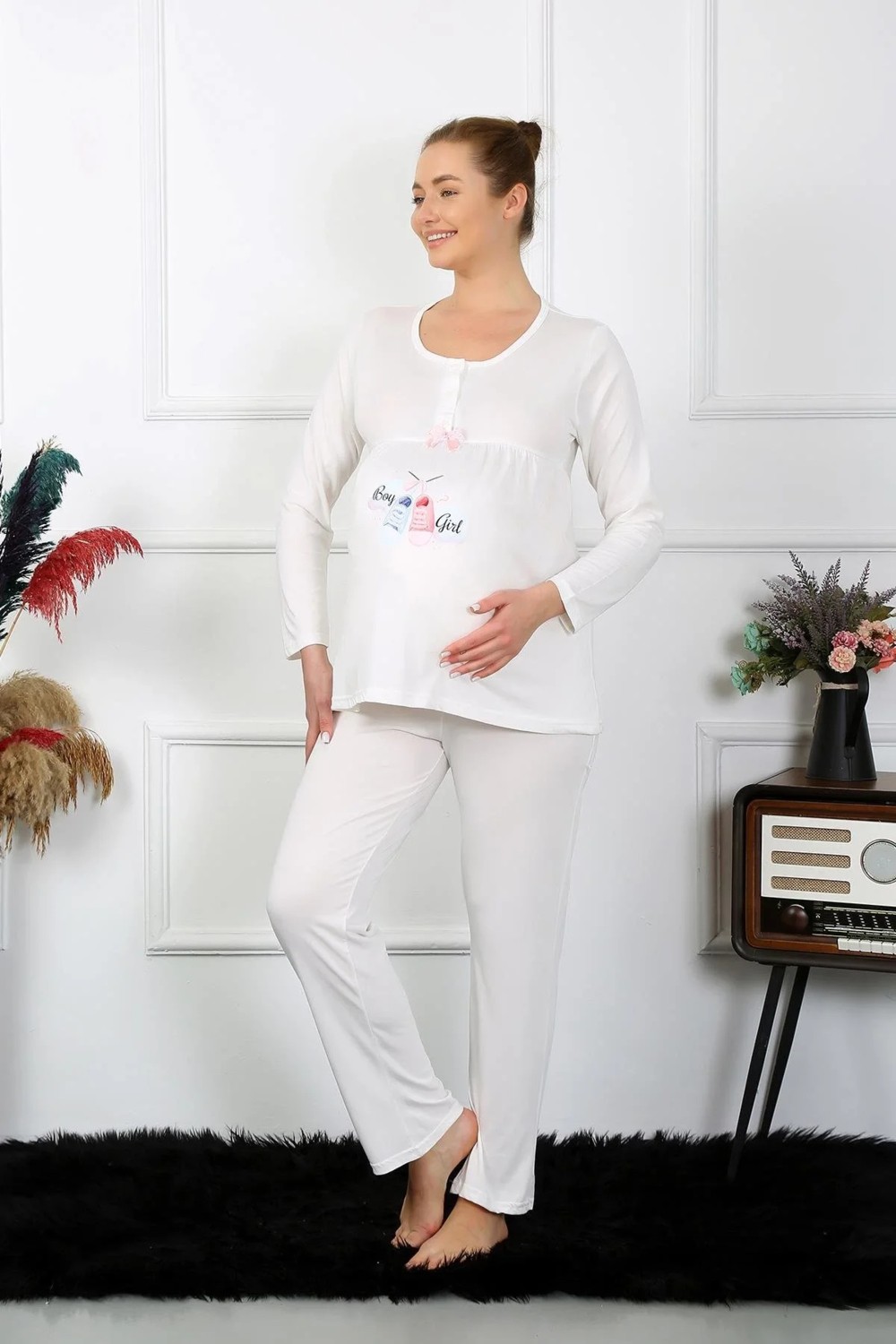 Marsilyan Kadın Uzun Kol Hamile Lohusa Pijama Takımı Ekru görsel 3