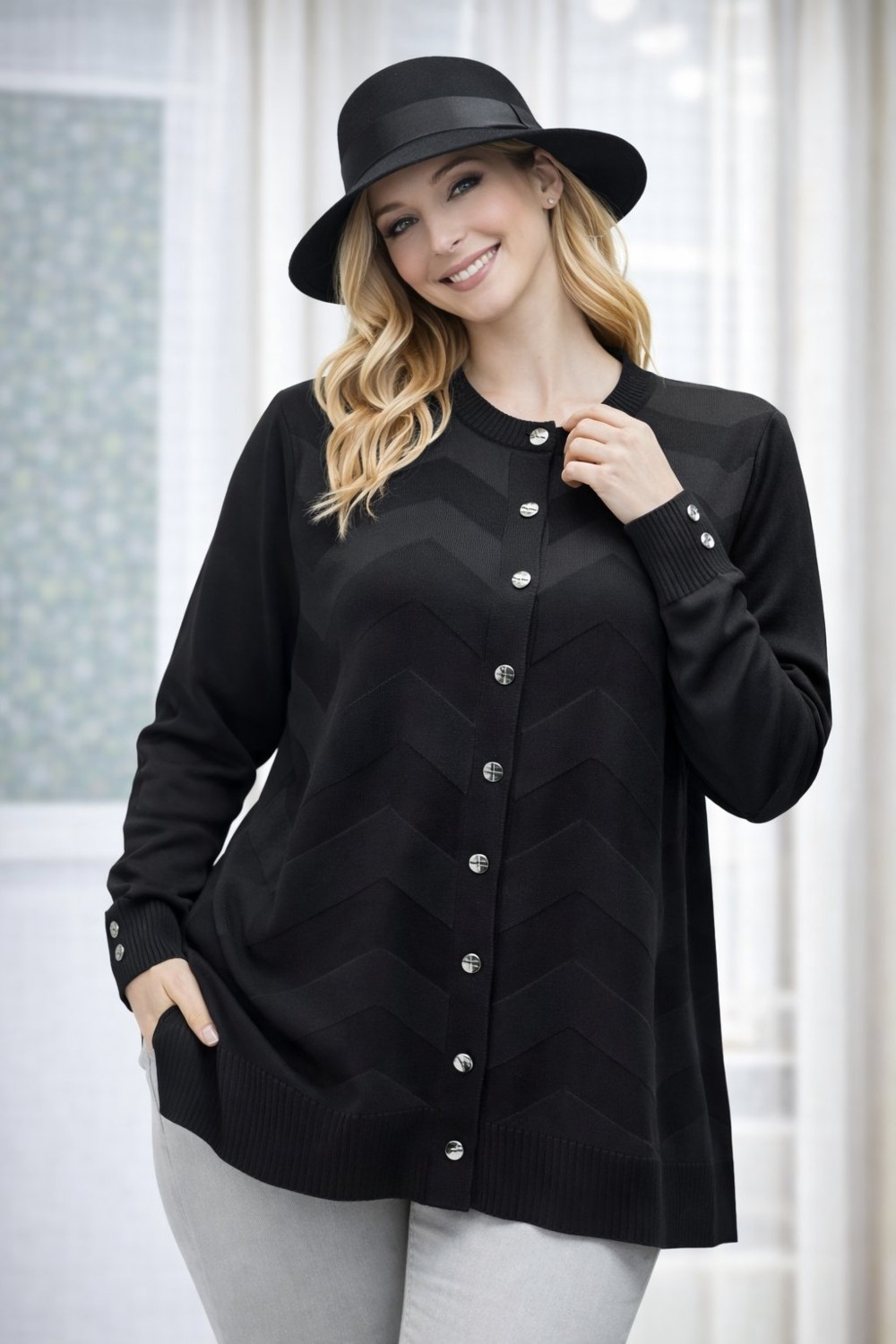 Fresh Moda Kadın Zarif Şık Model Zigzag Desenli Düğmeli Standart Merserize Genç Anne Hırka görsel 2
