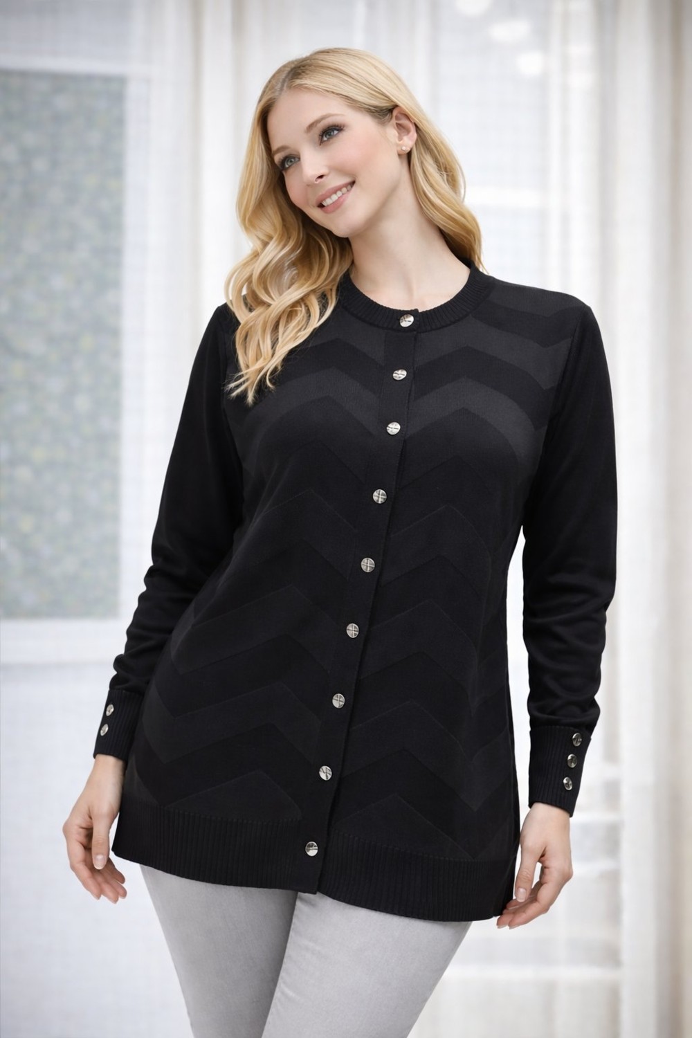 Fresh Moda Kadın Zarif Şık Model Zigzag Desenli Düğmeli Standart Merserize Genç Anne Hırka görsel 3
