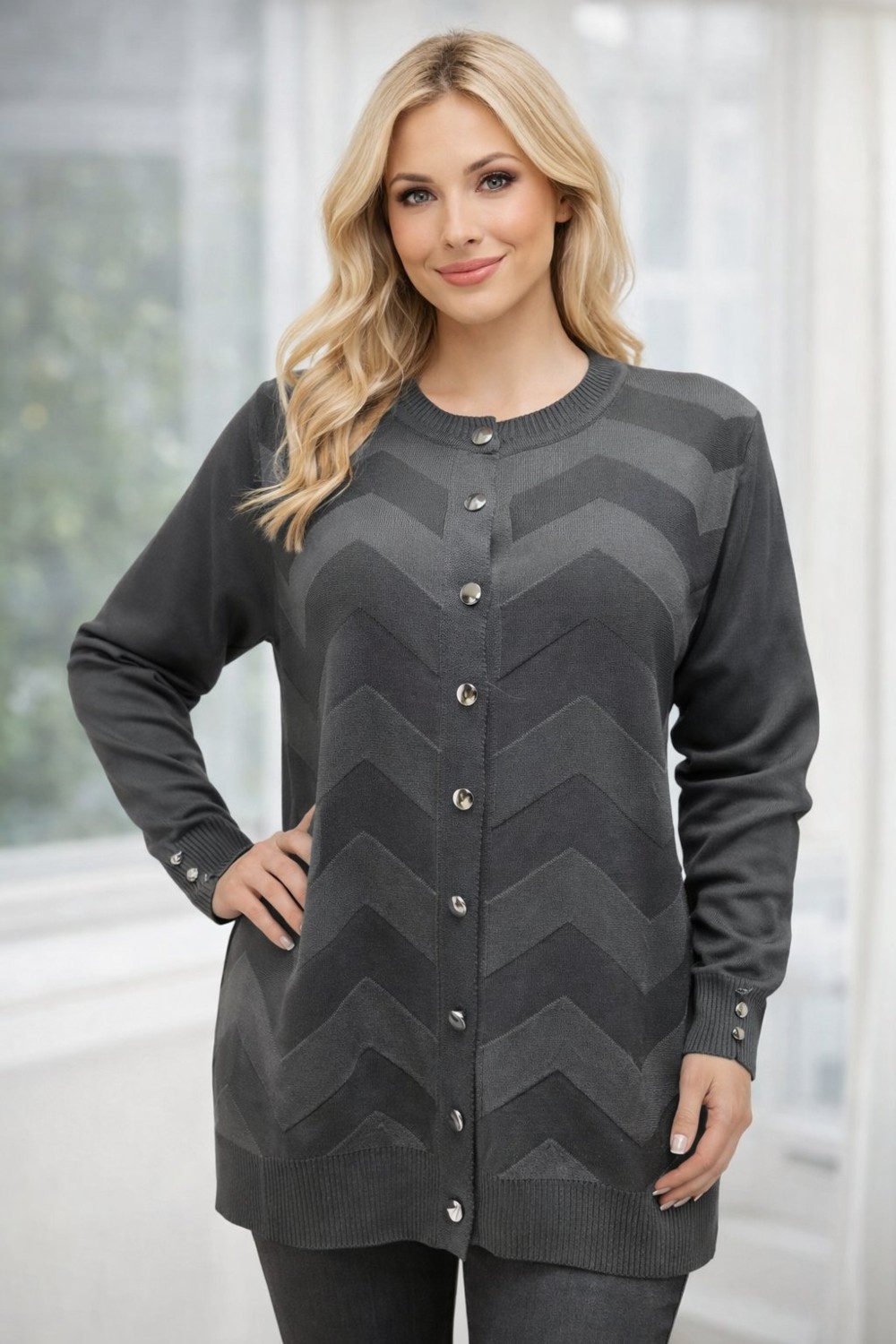 Fresh Moda Kadın Zarif Şık Model Zigzag Desenli Düğmeli Standart Merserize Genç Anne Hırka görsel 6