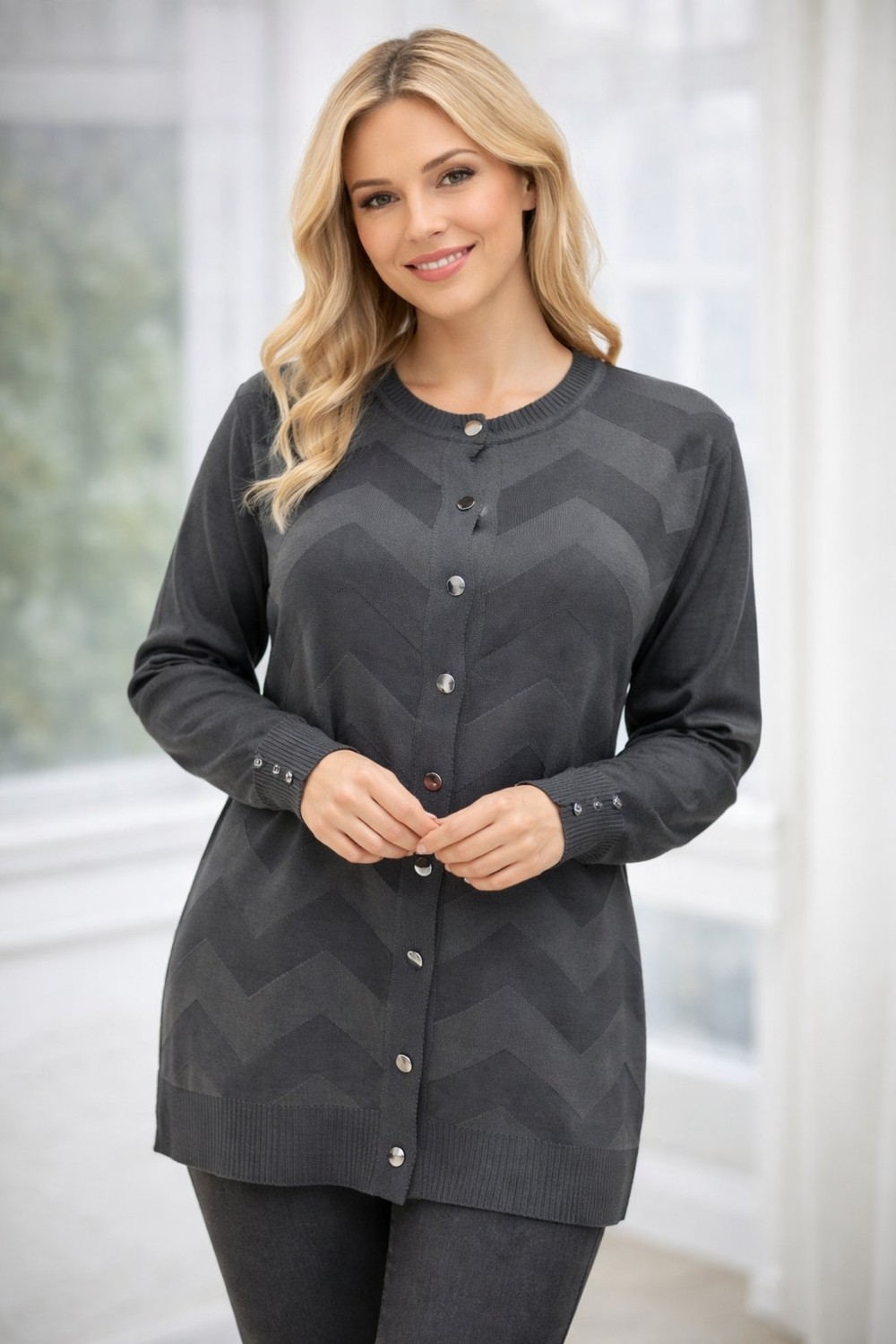 Fresh Moda Kadın Zarif Şık Model Zigzag Desenli Düğmeli Standart Merserize Genç Anne Hırka görsel 8