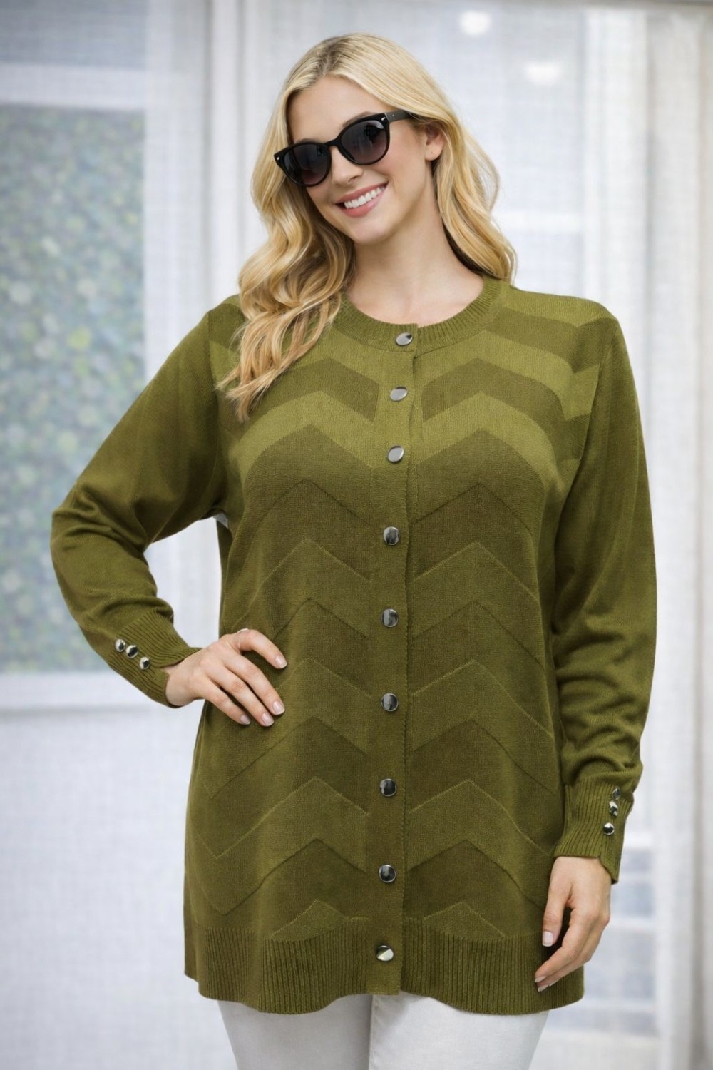 Fresh Moda Kadın Zarif Şık Model Zigzag Desenli Düğmeli Standart Merserize Genç Anne Hırka
