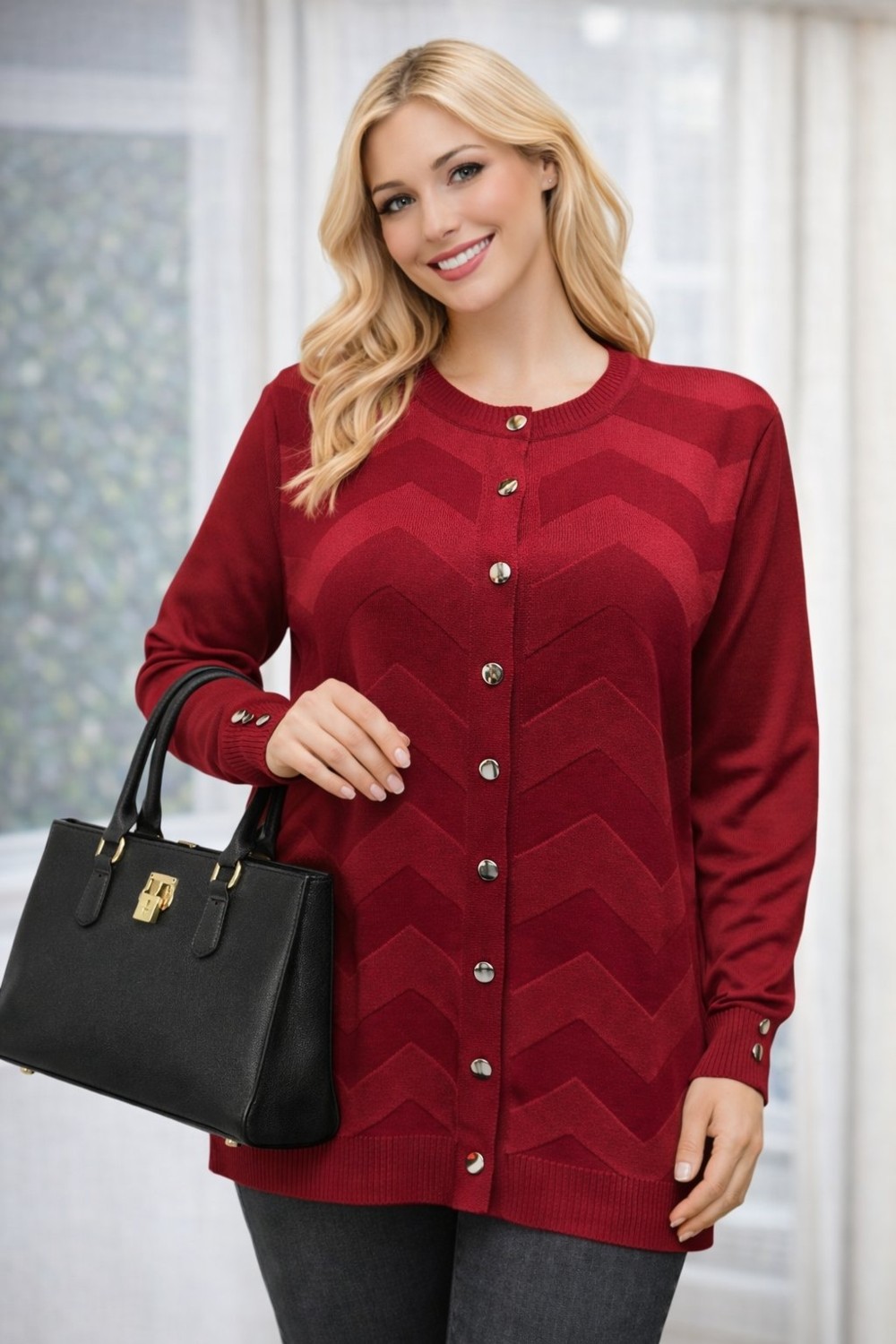Fresh Moda Kadın Zarif Şık Model Zigzag Desenli Düğmeli Standart Merserize Genç Anne Hırka