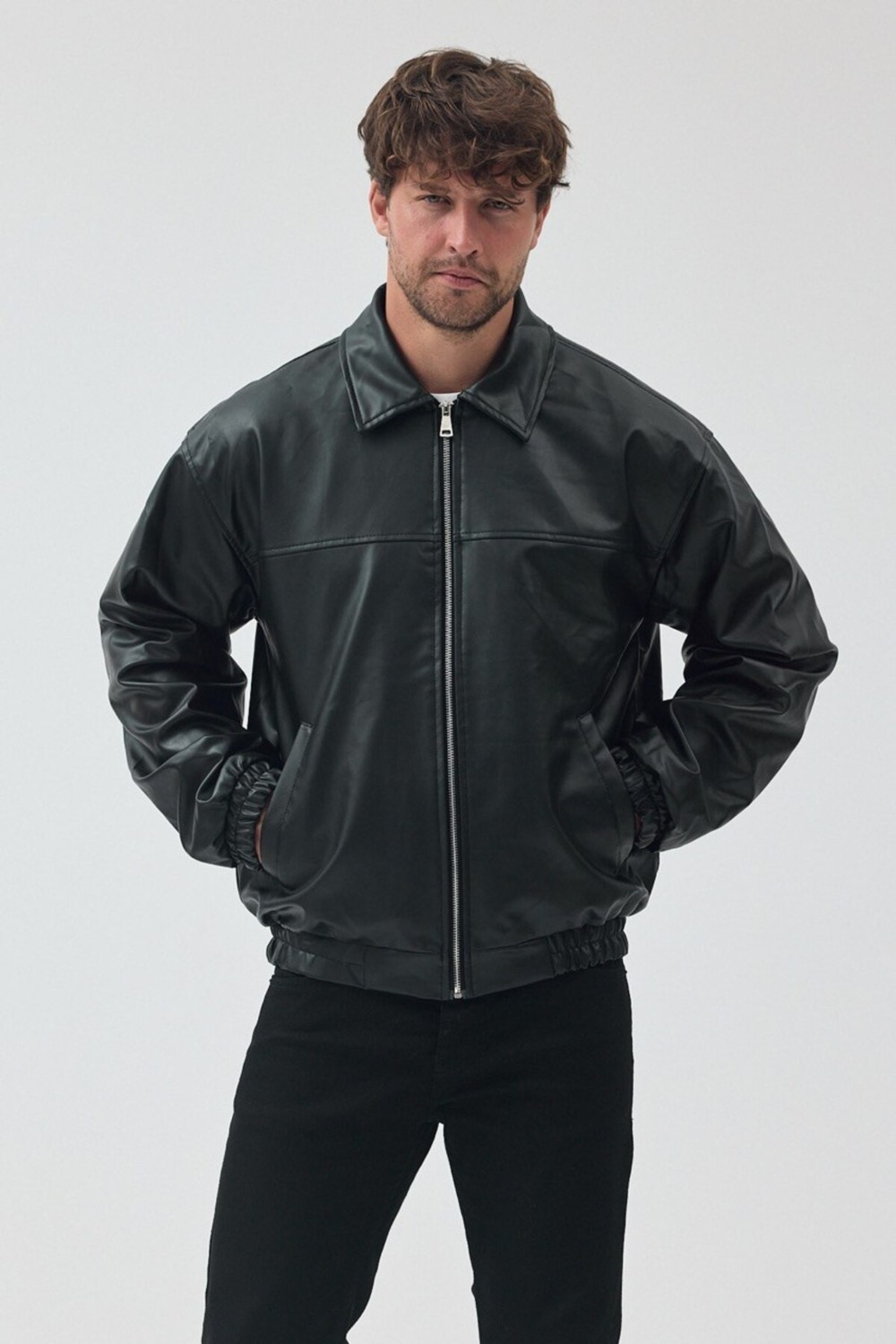 Baselco Unisex Vinatge Oversize Deri Ceket görsel 4