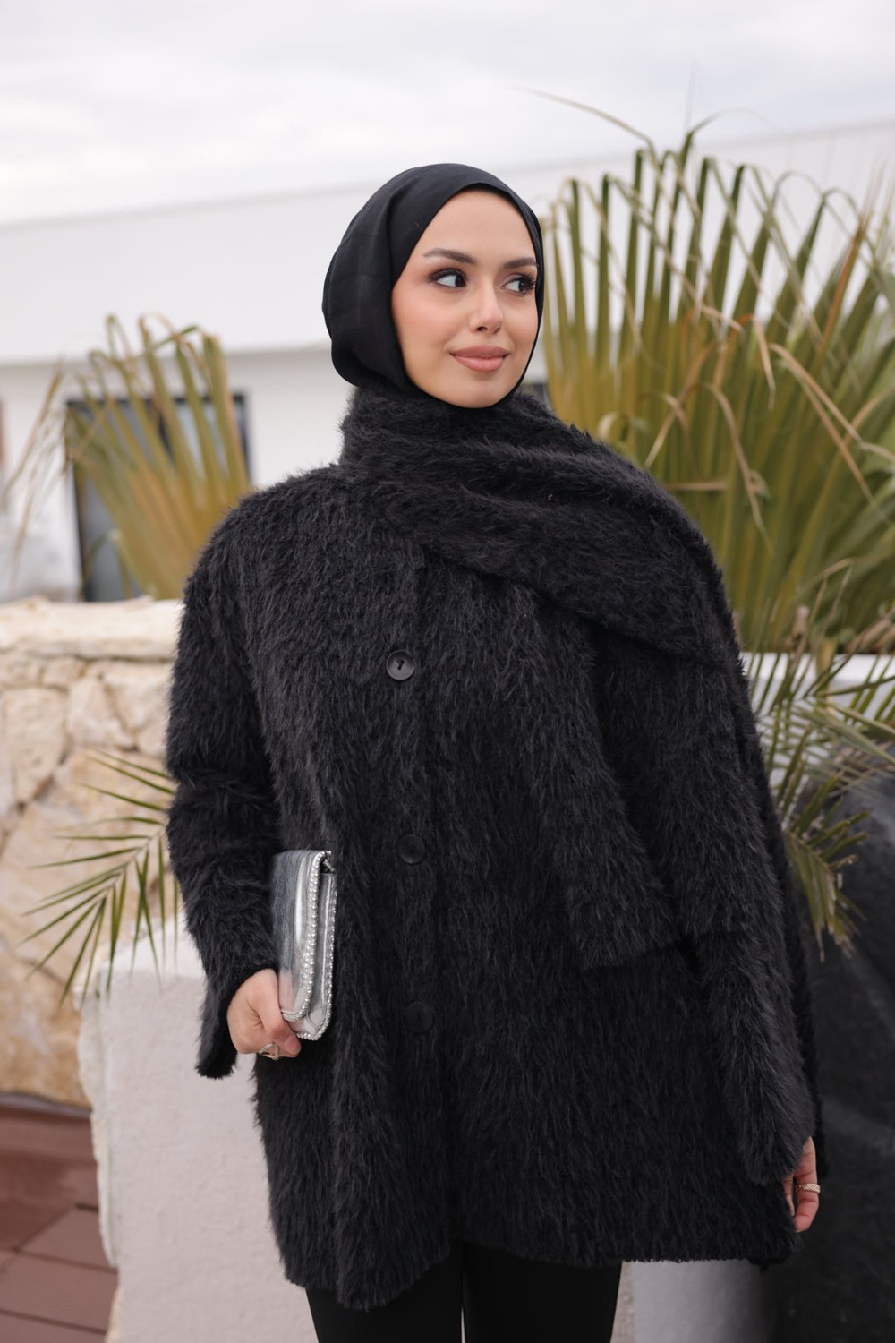 İmaj Butik Siyah Atkı Detaylı Düğmeli Angora Ceket