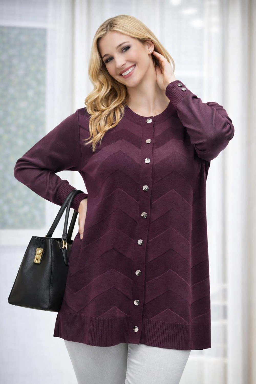 Fresh Moda Kadın Zarif Şık Model Zigzag Desenli Düğmeli Standart Merserize Genç Anne Hırka