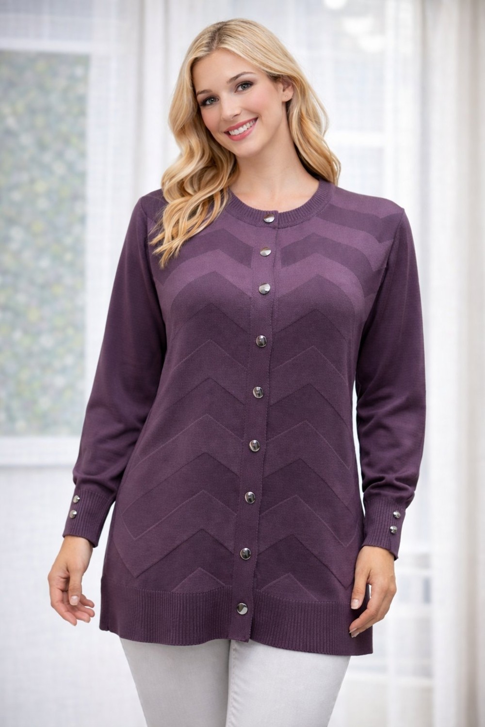 Fresh Moda Kadın Zarif Şık Model Zigzag Desenli Düğmeli Standart Merserize Genç Anne Hırka