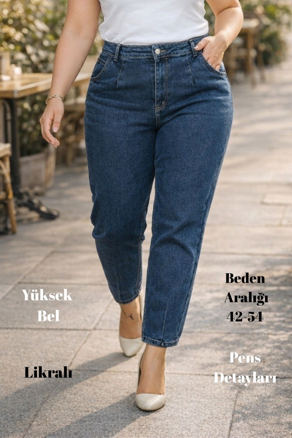 Cedy Denim Cedy Kadın Büyük Beden Pileli Mom Jean Pantolon C600 Yüksek Bel Likralı Günlük Stil