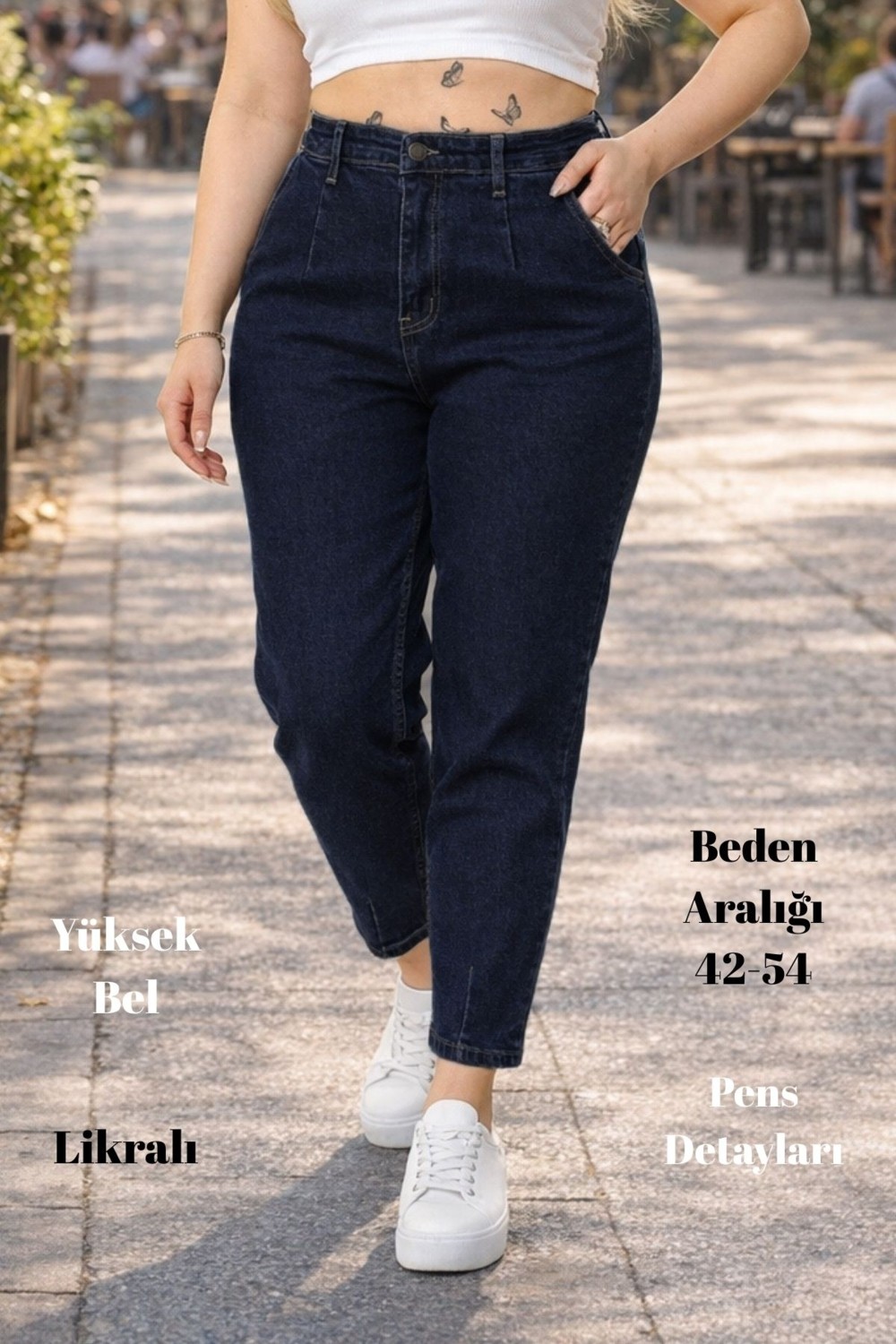 Cedy Denim Cedy Kadın Büyük Beden Pileli Mom Jean Pantolon C600 Yüksek Bel Likralı Günlük Stil