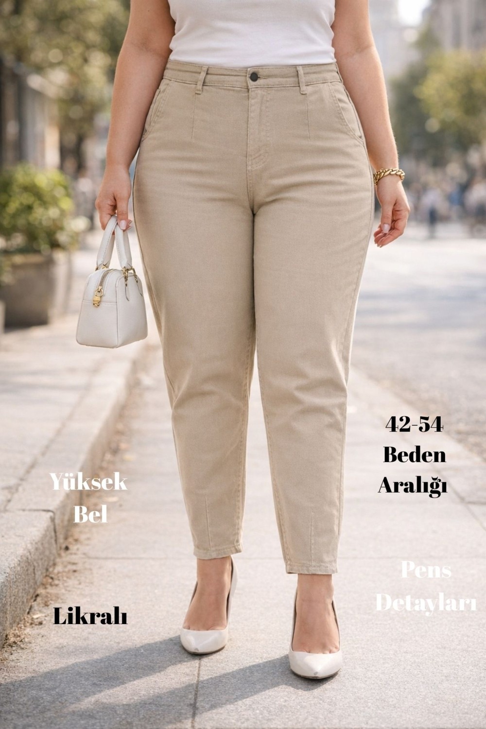 Cedy Denim Cedy Kadın Büyük Beden Pileli Mom Jean Pantolon C600 Yüksek Bel Likralı Günlük Stil