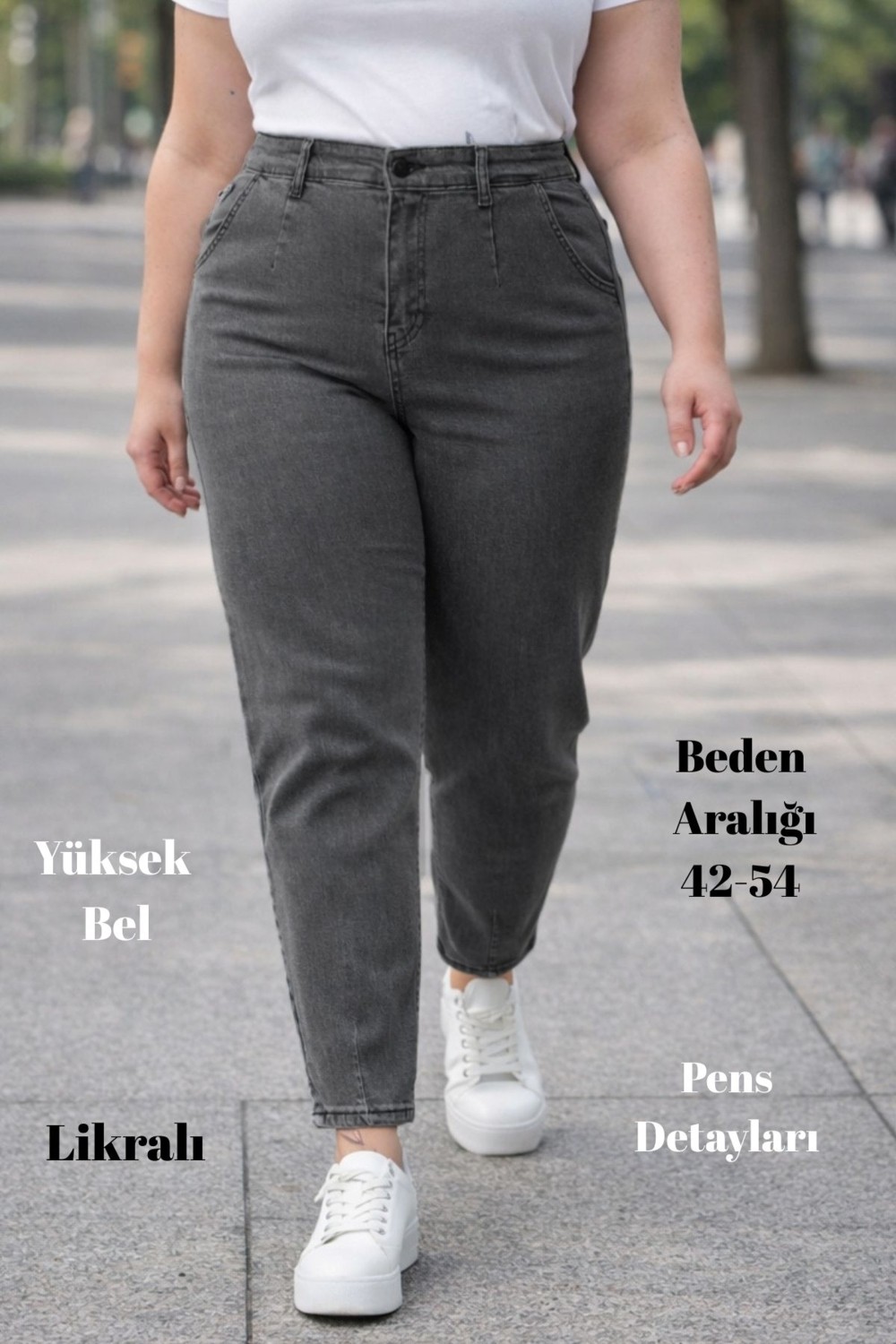 Cedy Denim Cedy Kadın Büyük Beden Pileli Mom Jean Pantolon C600 Yüksek Bel Likralı Günlük Stil