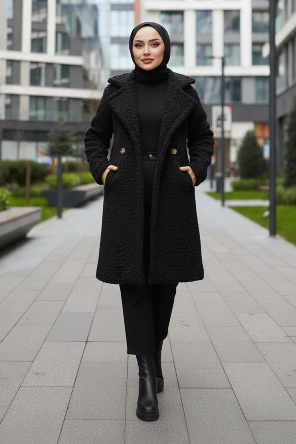 Iki Düğmeli Peluş Mont Siyah HM262506 görsel 2
