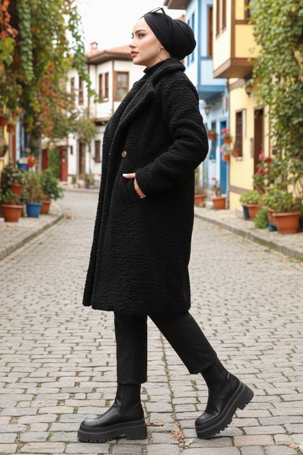 Iki Düğmeli Peluş Mont Siyah HM262506 görsel 4