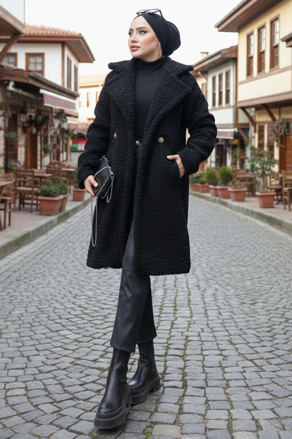 Iki Düğmeli Peluş Mont Siyah HM262506 görsel 6