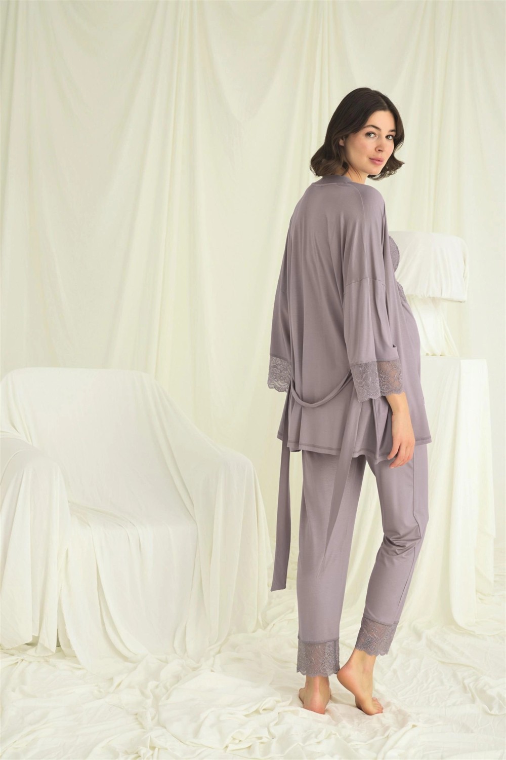 Beruflic Dantelli Hamile Lohusa 3lü Pijama Takımı görsel 5