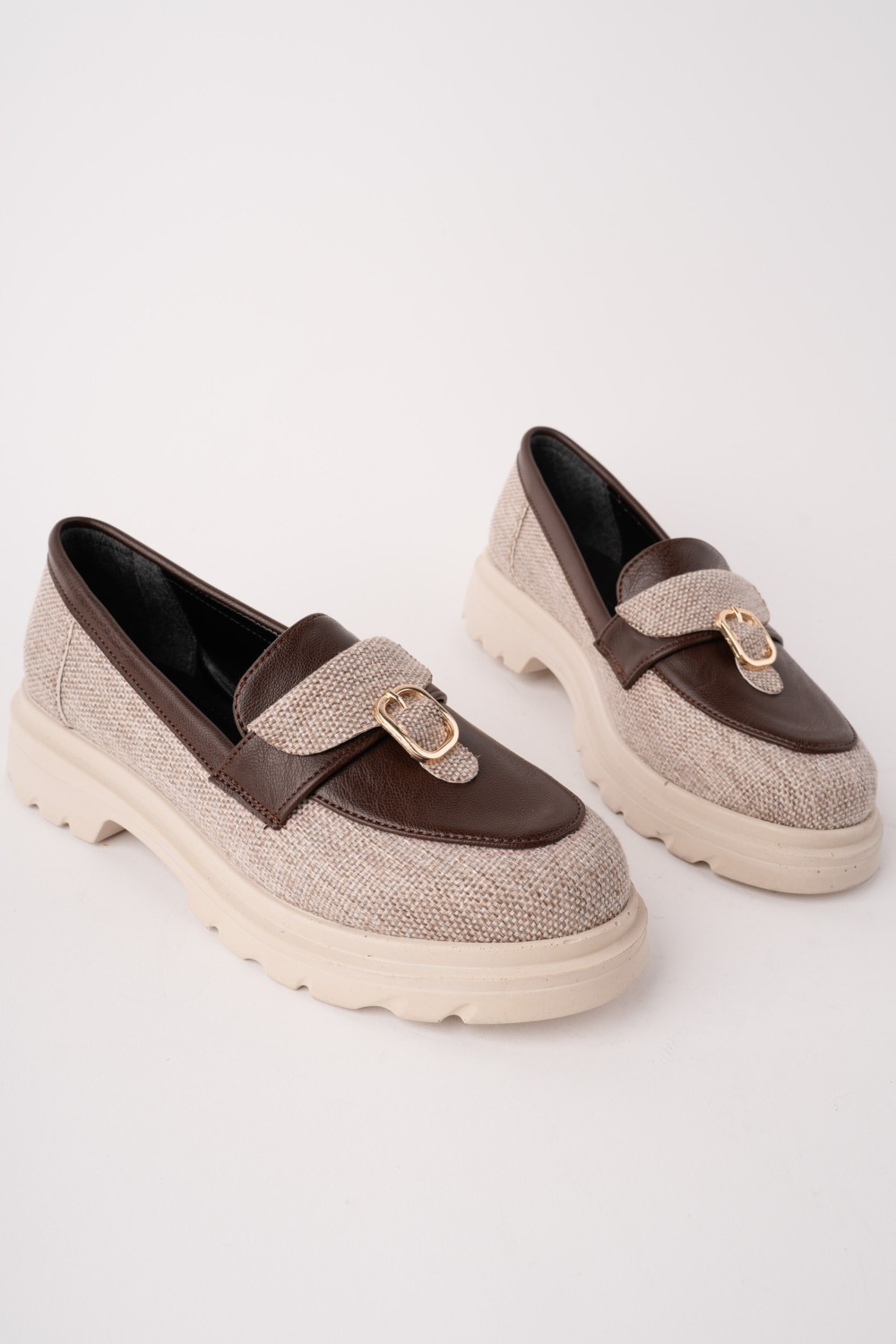 MARSHETTA Nerina Model Deri ve Toka Detaylı Siyah Keten Kadın Loafer Günlük Ayakkabı