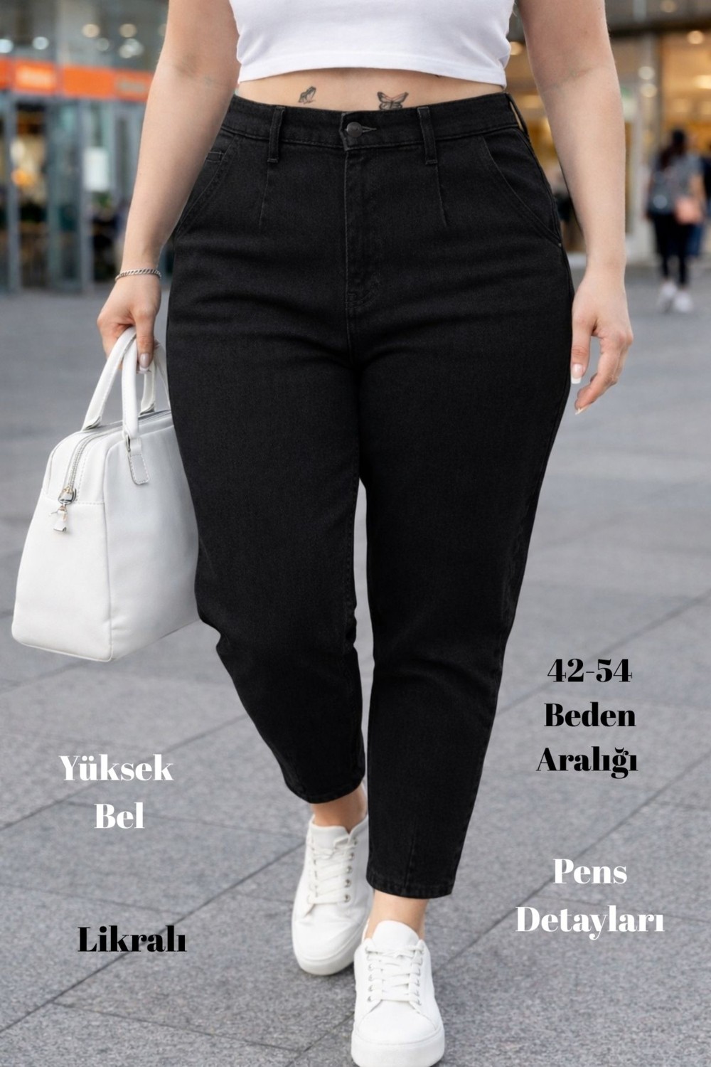 Cedy Denim Cedy Kadın Büyük Beden Pileli Mom Jean Pantolon C600 Yüksek Bel Likralı Günlük Stil