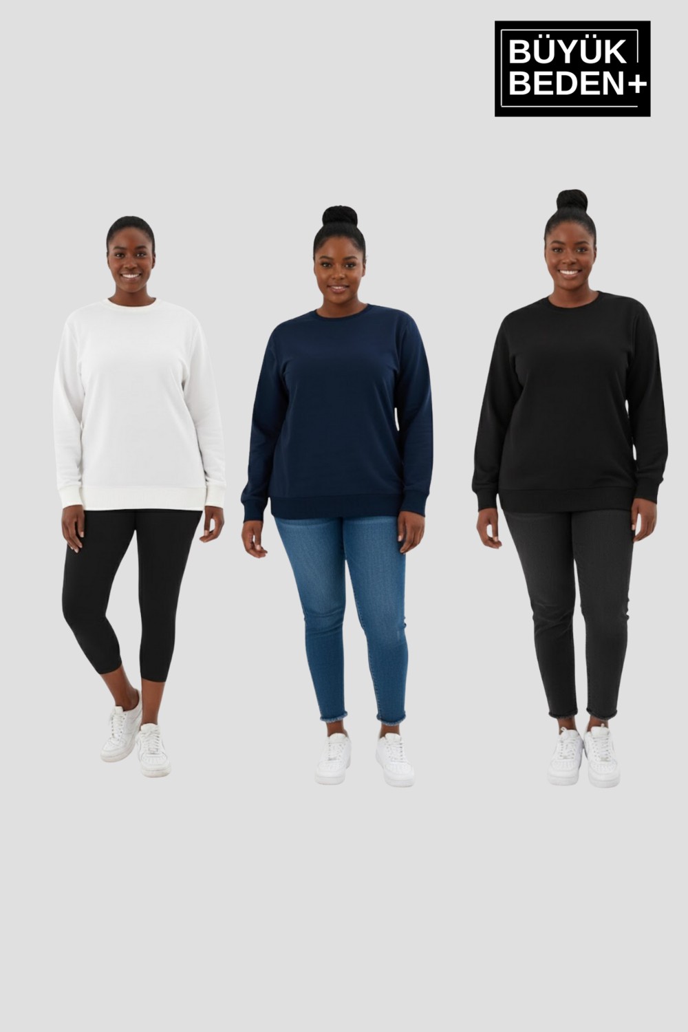 Superlife Kadın Büyük Beden Ikili Bisiklet Yaka 3'lü Set -Rahat Kalıp Ince Sweatshirt SPR26BSW956+3
